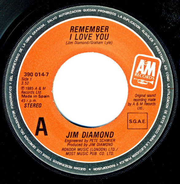 Jim Diamond : Remember I Love You (7", Single)