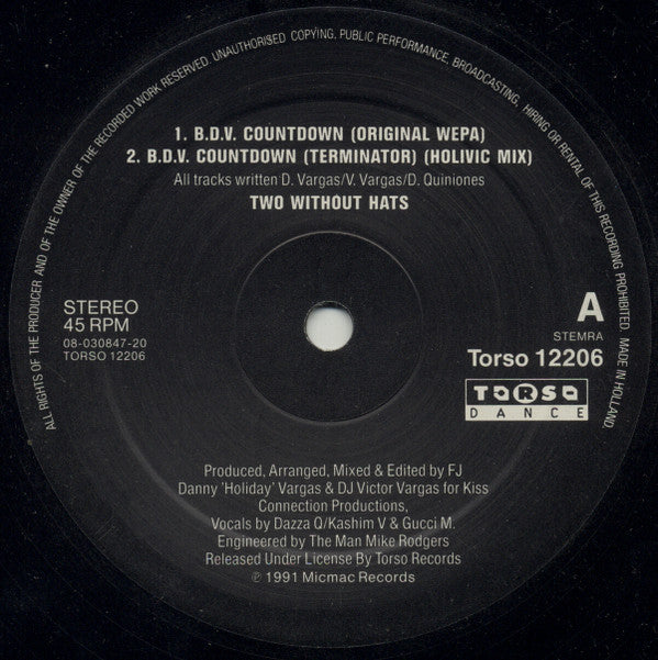 Two Without Hats : B.D.V. Countdown (12")