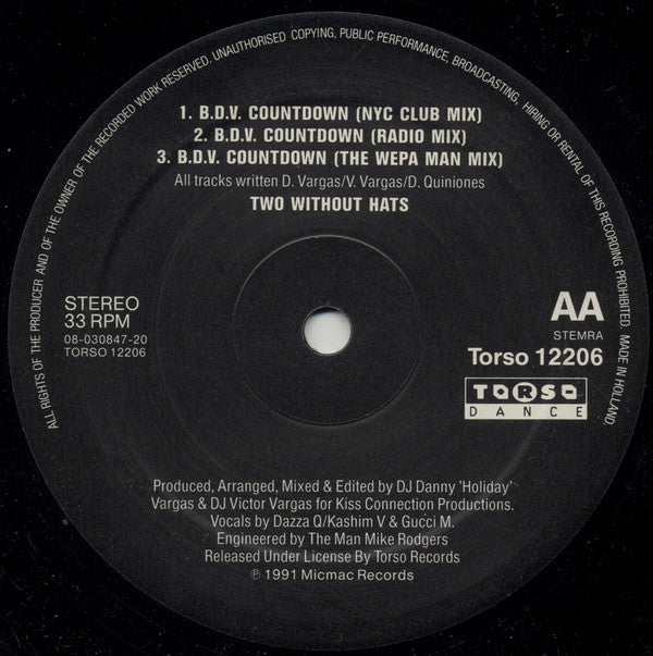 Two Without Hats : B.D.V. Countdown (12")