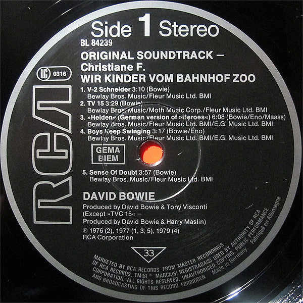 David Bowie : Original Soundtrack Zum Film "Christiane F. Wir Kinder Vom Bahnhof Zoo" (LP, Comp, RE)