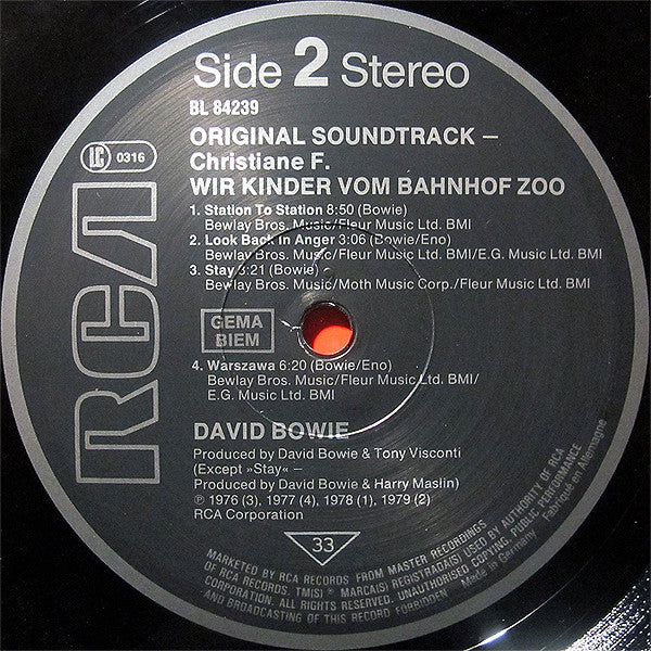 David Bowie : Original Soundtrack Zum Film "Christiane F. Wir Kinder Vom Bahnhof Zoo" (LP, Comp, RE)