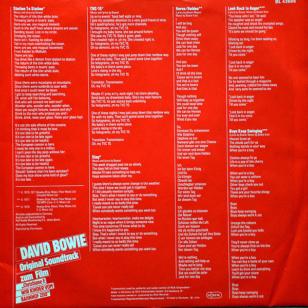 David Bowie : Original Soundtrack Zum Film "Christiane F. Wir Kinder Vom Bahnhof Zoo" (LP, Comp, RE)