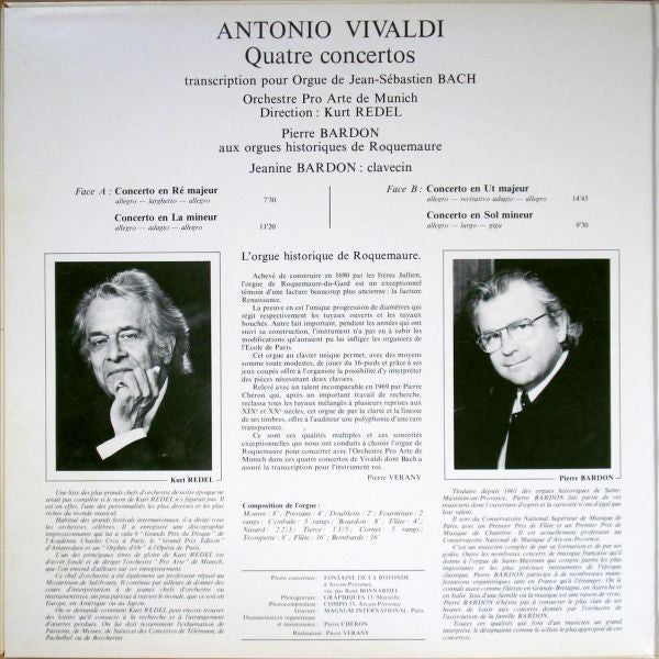 Antonio Vivaldi, Orchestre Pro Arte De Munich , Dir. Kurt Redel, Pierre Bardon : Quatre Concertos Pour Orgue Et Orchestre (LP, Album, Gat)