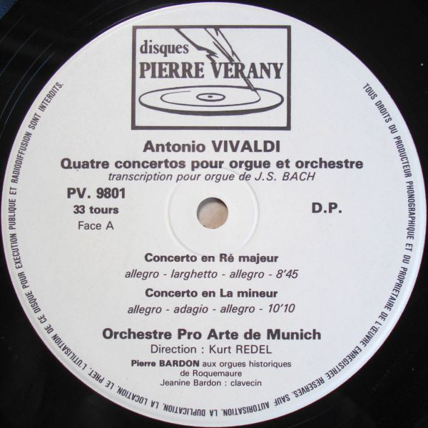 Antonio Vivaldi, Orchestre Pro Arte De Munich , Dir. Kurt Redel, Pierre Bardon : Quatre Concertos Pour Orgue Et Orchestre (LP, Album, Gat)