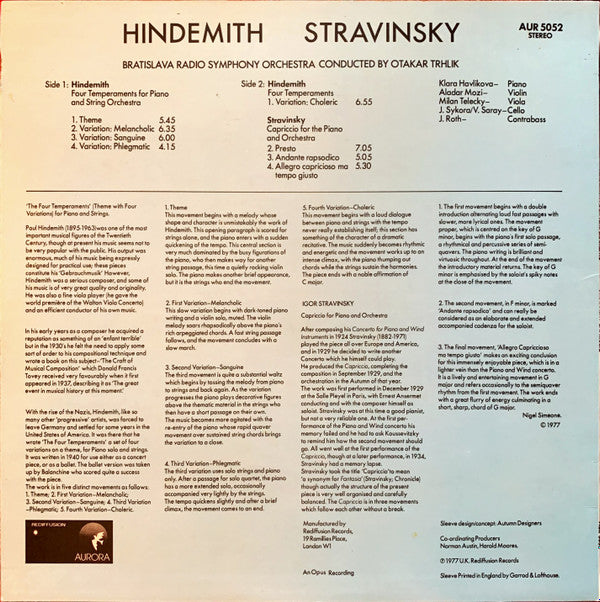 Paul Hindemith / Igor Stravinsky, Slovak Radio Symphony Orchestra Conducted By Otakar Trhlík : Four Temperaments / Capriccio (LP)