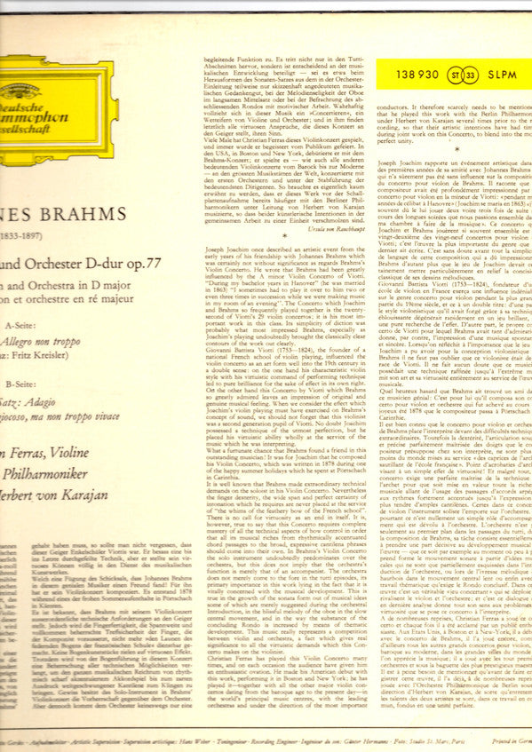Johannes Brahms - Christian Ferras, Berliner Philharmoniker, Herbert Von Karajan : Violinkonzert In D-Dur (LP, Bla)