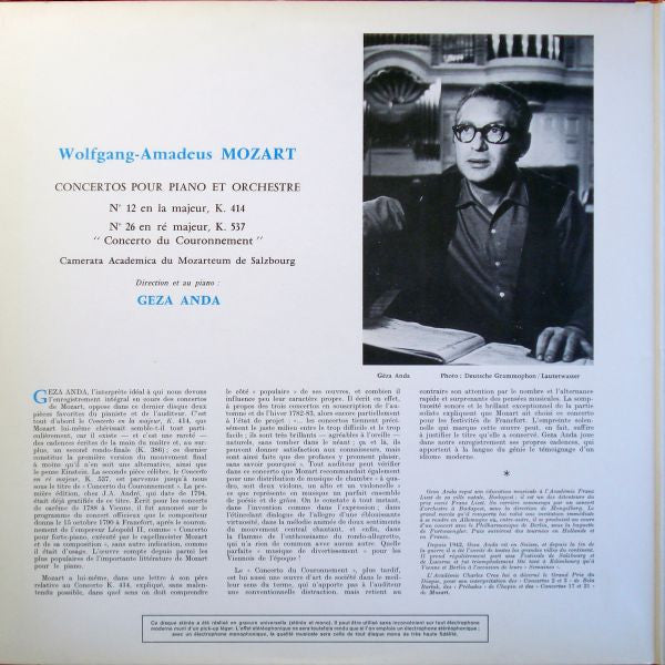 Wolfgang Amadeus Mozart, Camerata Academica Salzburg, Géza Anda : Concerto N° 26 "Du Couronnement" / Concerto N° 12 En La Majeur (LP, Album, RE, Gat)