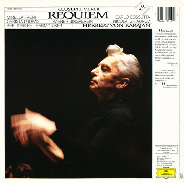 Giuseppe Verdi / Herbert Von Karajan / Berliner Philharmoniker / Mirella Freni / Christa Ludwig / Wiener Singverein / Nicolai Ghiaurov / Carlo Cossutta : Messa Da Requiem (2xLP, RE, Gat)
