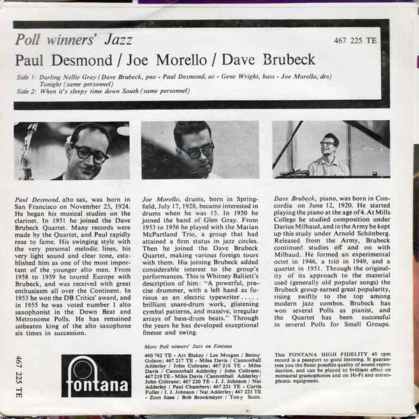 Paul Desmond / Dave Brubeck / Joe Morello : Darling Nellie Gray (7", EP)
