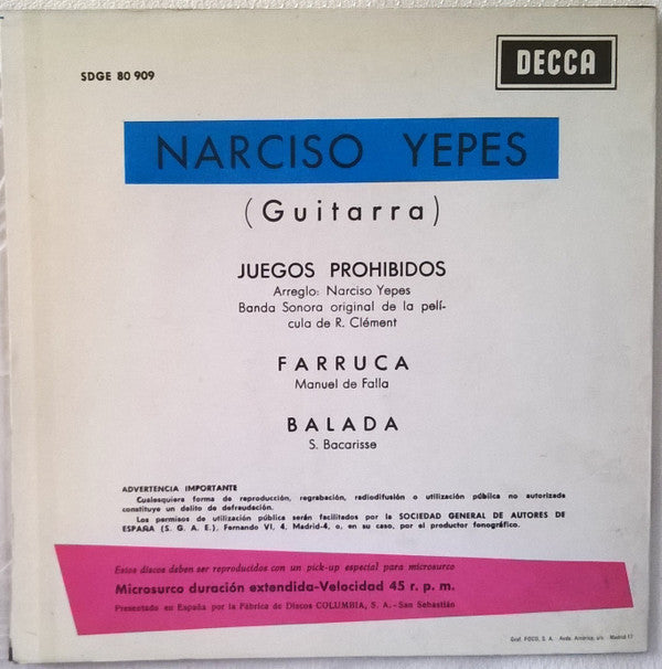 Narciso Yepes : Juegos Prohibidos (7", RE)