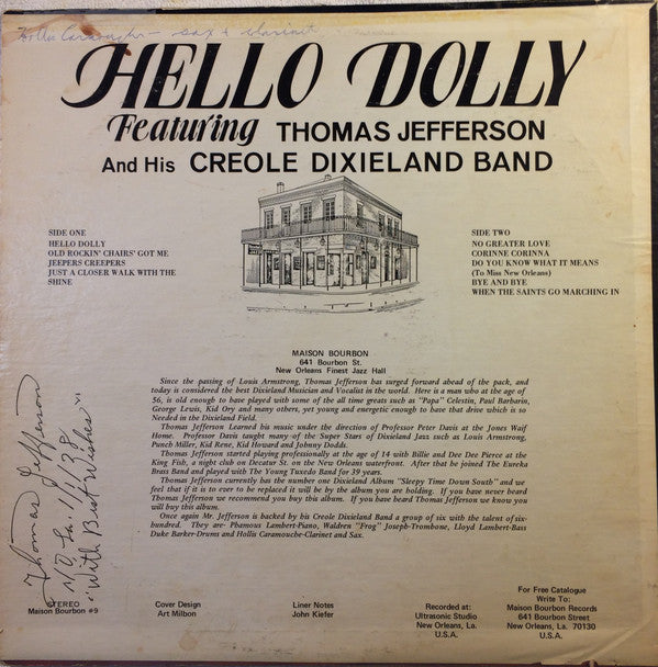 Thomas Jefferson And His Creole Jazz Band : Hello Dolly (LP, Album)