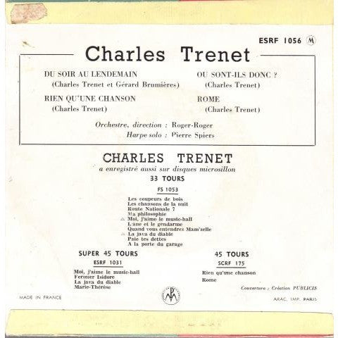 Charles Trenet : Du Soir Au Lendemain (7", EP)