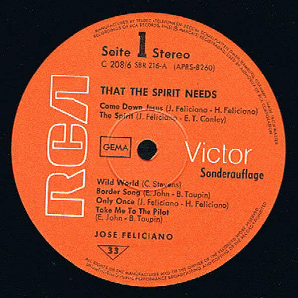 José Feliciano : That The Spirit Needs (LP, Album, Club, Gat)