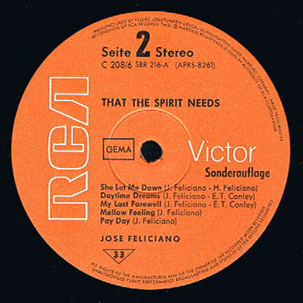 José Feliciano : That The Spirit Needs (LP, Album, Club, Gat)
