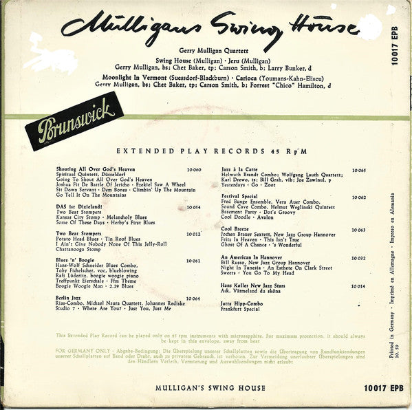 Gerry Mulligan Quartet : Gerry Mulligan´s Swing House (7", EP, Mono)