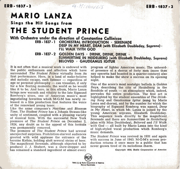 Mario Lanza : Mario Lanza Sings The Hit Songs From The Student Prince  (7", EP)