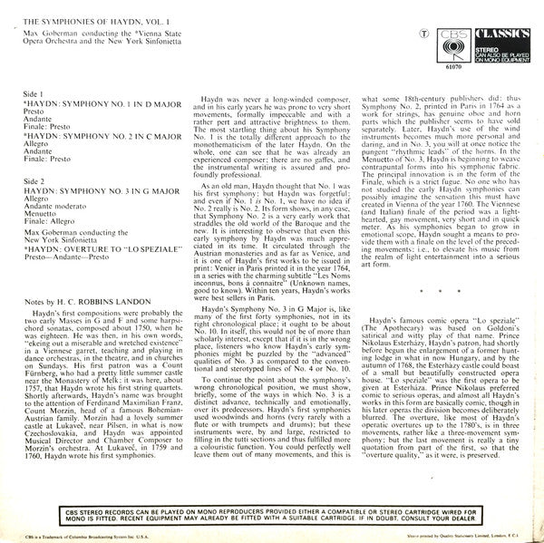 Joseph Haydn, Max Goberman, Orchester Der Wiener Staatsoper : The Symphonies Of Haydn Vol. 1 / Symphony No. 1 In D / Symphony No. 2 In C / Symphony No. 3 In G / Overture To "Lo Speziale" (LP, RE)