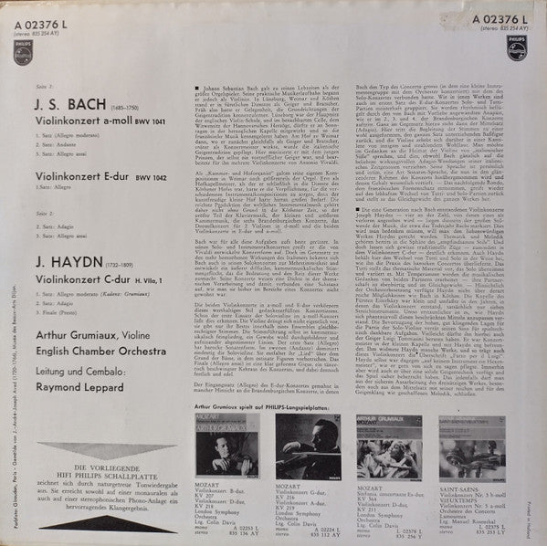 Johann Sebastian Bach / Joseph Haydn - Arthur Grumiaux, Raymond Leppard, English Chamber Orchestra : Violinkonzerte BWV 1041 & 1042 / Violinkonzerte C-Dur (LP, Mono)