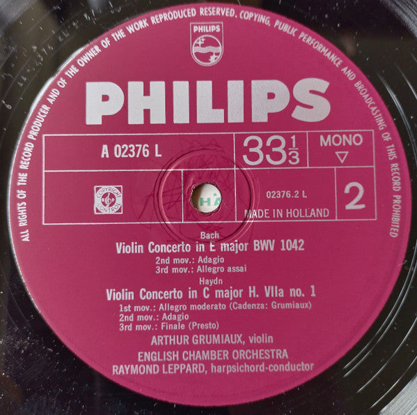 Johann Sebastian Bach / Joseph Haydn - Arthur Grumiaux, Raymond Leppard, English Chamber Orchestra : Violinkonzerte BWV 1041 & 1042 / Violinkonzerte C-Dur (LP, Mono)
