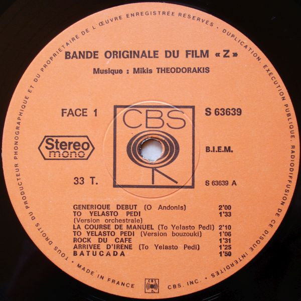 Mikis Theodorakis : Z (Bande Originale Du Film) (LP, Album)