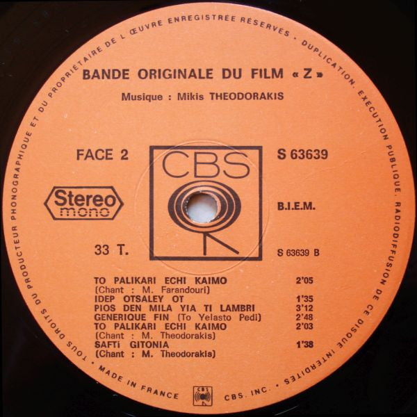Mikis Theodorakis : Z (Bande Originale Du Film) (LP, Album)