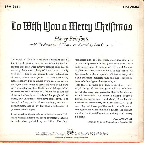 Harry Belafonte : To Wish You A Merry Christmas (7", EP)