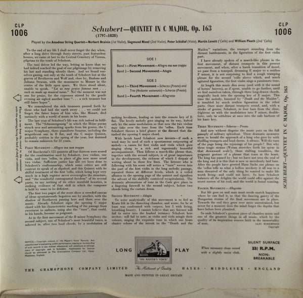 Amadeus-Quartett And William Pleeth, Franz Schubert : Quintet In C Major Op. 163 (LP, Mono)
