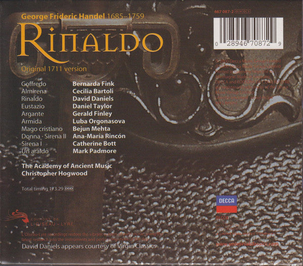 Georg Friedrich Händel – Cecilia Bartoli • David Daniels (3) • Bernarda Fink • Gerald Finley • Luba Orgonasova • Daniel Taylor (3) • The Academy Of Ancient Music • Christopher Hogwood : Rinaldo (3xCD, Album + Box, Sli)