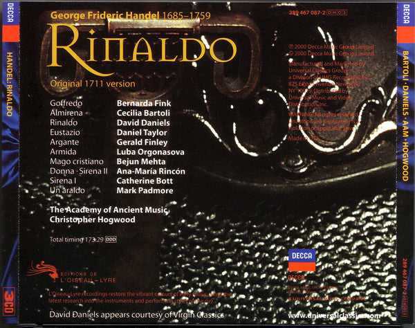 Georg Friedrich Händel – Cecilia Bartoli • David Daniels (3) • Bernarda Fink • Gerald Finley • Luba Orgonasova • Daniel Taylor (3) • The Academy Of Ancient Music • Christopher Hogwood : Rinaldo (3xCD, Album + Box, Sli)