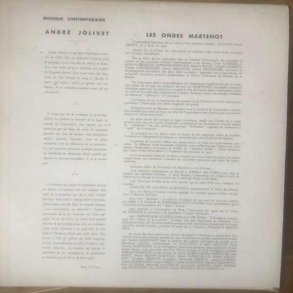 André Jolivet / Lily Laskine / Ginette Martenot : Concerto Pour Ondes Martenot Et Orchestre / Concerto Pour Harpe  Et Orchestre De Chambre (LP, Gat)