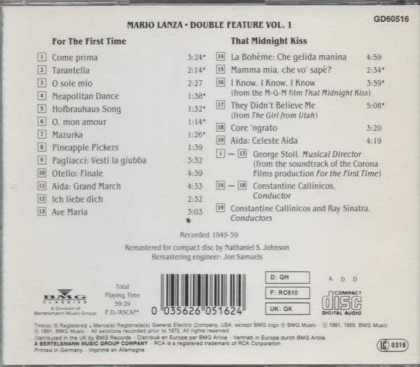 Mario Lanza : Double Feature, Vol. 1: For The First Time - That Midnight Kiss (CD, Album, Comp, RM)