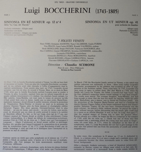 Boccherini*, I Solisti Veneti / Dir. Claudio Scimone : Sinfonia En Ré Mineur Op.12 N°4 "La Casa Del Diavolo" / Sinfonia En Ut Mineur Op.41  (LP)