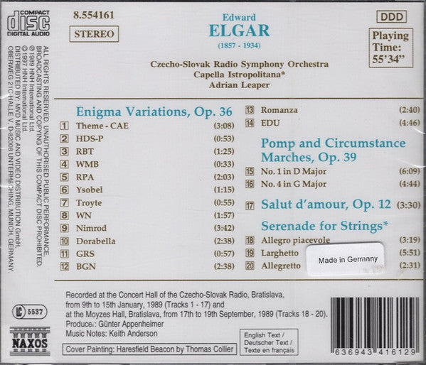 Sir Edward Elgar, Slovak Radio Symphony Orchestra, Capella Istropolitana, Adrian Leaper : Enigma Variations / Pomp and Circumstance Marches / Salut d'amour / Serenade for Strings (CD, Album)