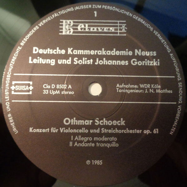 Othmar Schoeck / Max Reger, Deutsche Kammerakademie Neuss, Johannes Goritzki : Cellokonzert / Lyrisches Andante (LP)