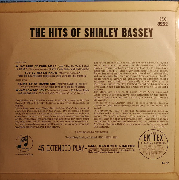 Shirley Bassey : The Hits Of Shirley Bassey (7", EP, Mono)