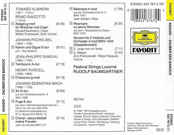Festival Strings Lucerne, Rudolf Baumgartner : Adagio - Zauber des Barock (CD)