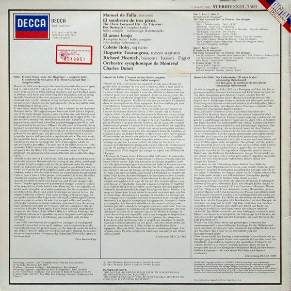 Manuel De Falla, Colette Boky, Huguette Tourangeau, Orchestre symphonique de Montréal, Charles Dutoit : The Three Cornered Hat = Der Dreispitz - El Amor Brujo (LP)