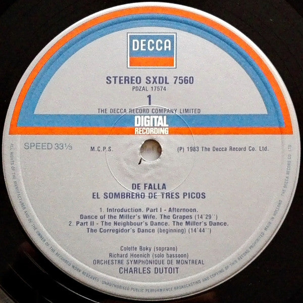 Manuel De Falla, Colette Boky, Huguette Tourangeau, Orchestre symphonique de Montréal, Charles Dutoit : The Three Cornered Hat = Der Dreispitz - El Amor Brujo (LP)