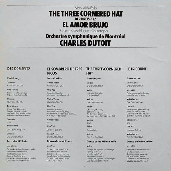 Manuel De Falla, Colette Boky, Huguette Tourangeau, Orchestre symphonique de Montréal, Charles Dutoit : The Three Cornered Hat = Der Dreispitz - El Amor Brujo (LP)