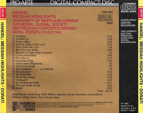 Georg Friedrich Händel - Cathedral Choral Society - University Of Maryland Chorus - Smithsonian Concerto Grosso : Messiah Highlights (CD, Album)