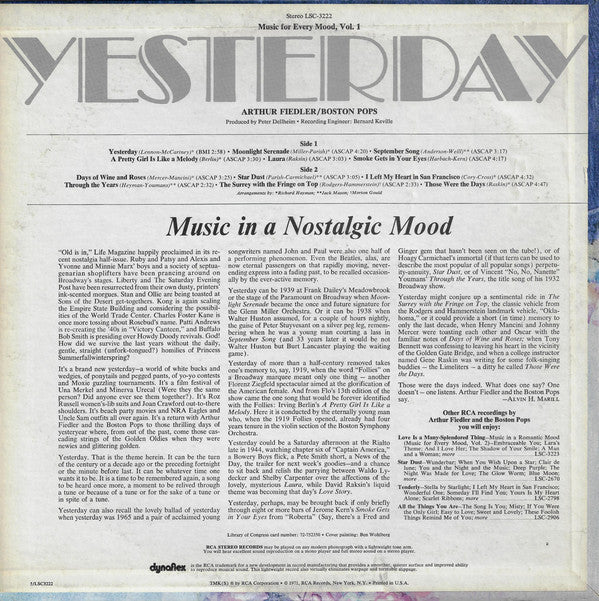 Arthur Fiedler / Boston Pops Orchestra : Yesterday - Music In A Nostalgic Mood (LP, Comp)