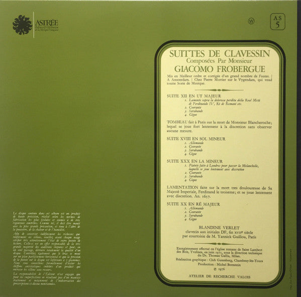 Blandine Verlet, Johann Jakob Froberger : Suittes de Clavessin (LP)