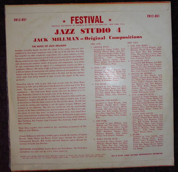Jack Millman : Jazz Studio 4 (LP, Album, Mono)