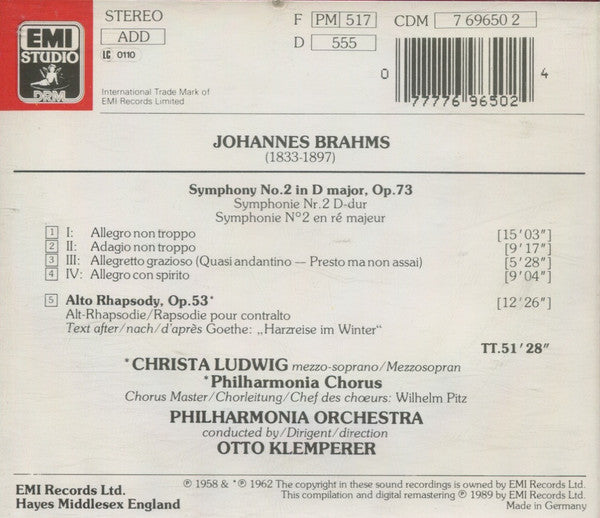Johannes Brahms, Otto Klemperer, Christa Ludwig, Philharmonia Orchestra : Symphonie No. 2 / Alto Rhapsody = Alt-Rhapsodie = Rapsodie Pour Contralto (CD, RE, RM)