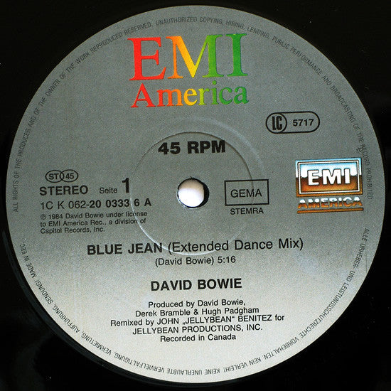 David Bowie : Blue Jean (Extended Dance Mix) (12", Single)