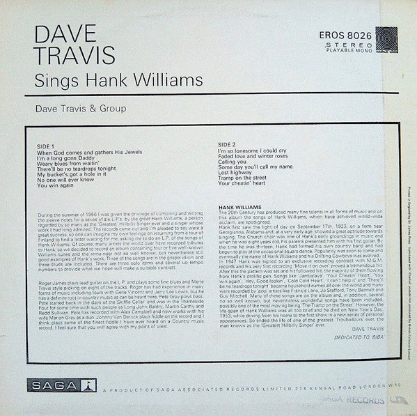 Dave Travis (2) : Dave Travis Sings Hank Williams (LP, Album)