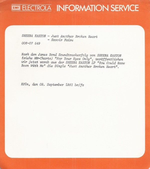 Sheena Easton : Just Another Broken Heart (7", Single)