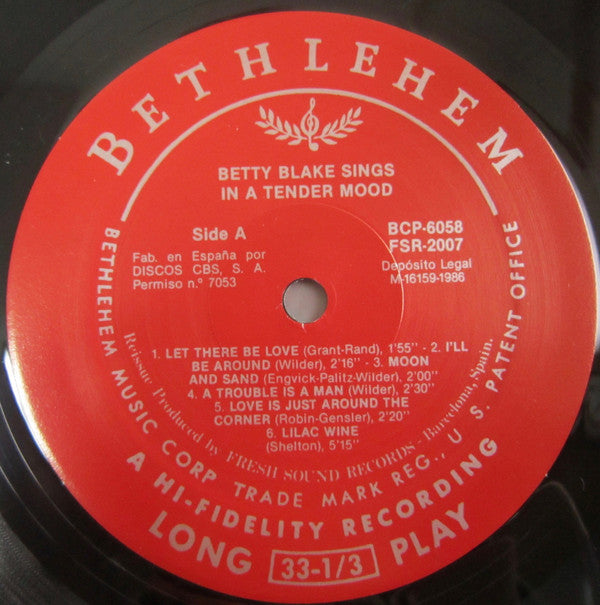Betty Blake  Featuring Zoot Sims : Sings In A Tender Mood (LP, Album, Mono, RE)