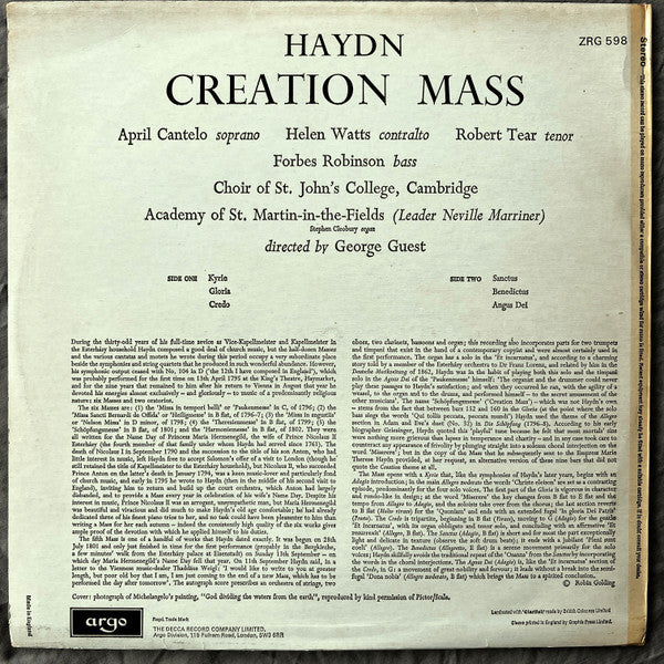 Joseph Haydn - April Cantelo, Helen Watts, Robert Tear, Forbes Robinson, The Academy Of St. Martin-in-the-Fields, St. John's College Choir, George Guest (2) : Creation Mass (LP, RP)