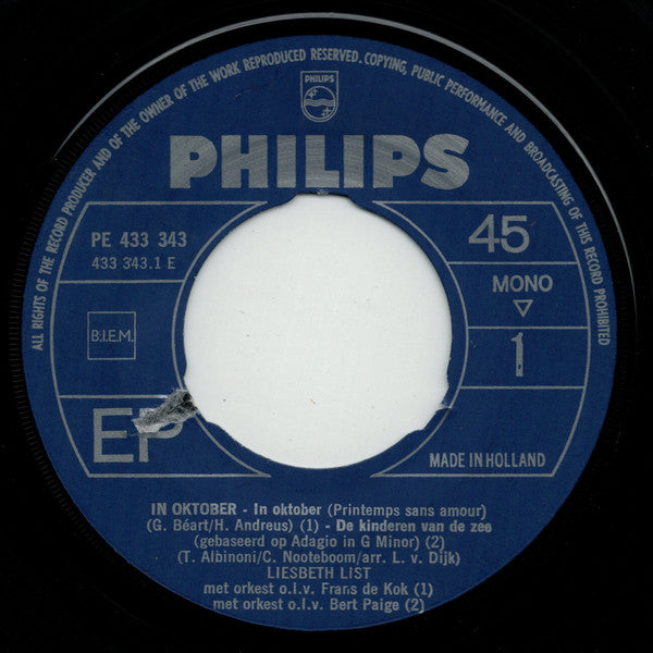 Liesbeth List : In Oktober / De Kinderen Van De Zee / Zonder Liefde / Voorbij (7", EP, Mono)